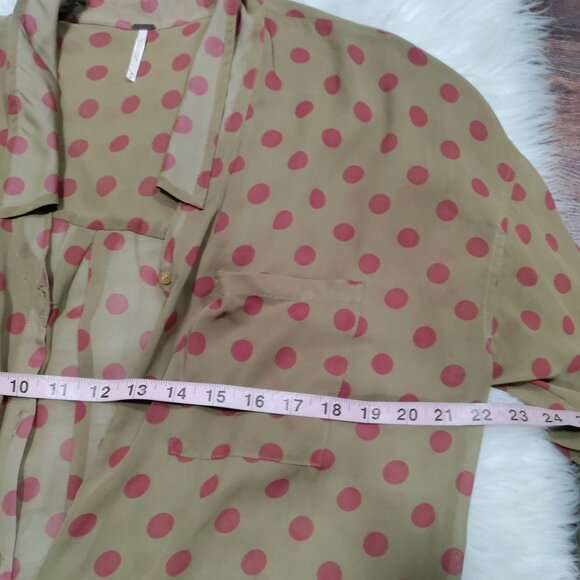 Free People Brown/Pink Polka Dot Button-Up Shirt High Low Hem Shirt Size Medium - Picture 9 of 11